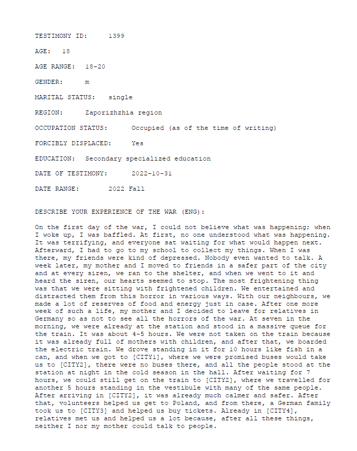 Screenshot of Testimony 1399