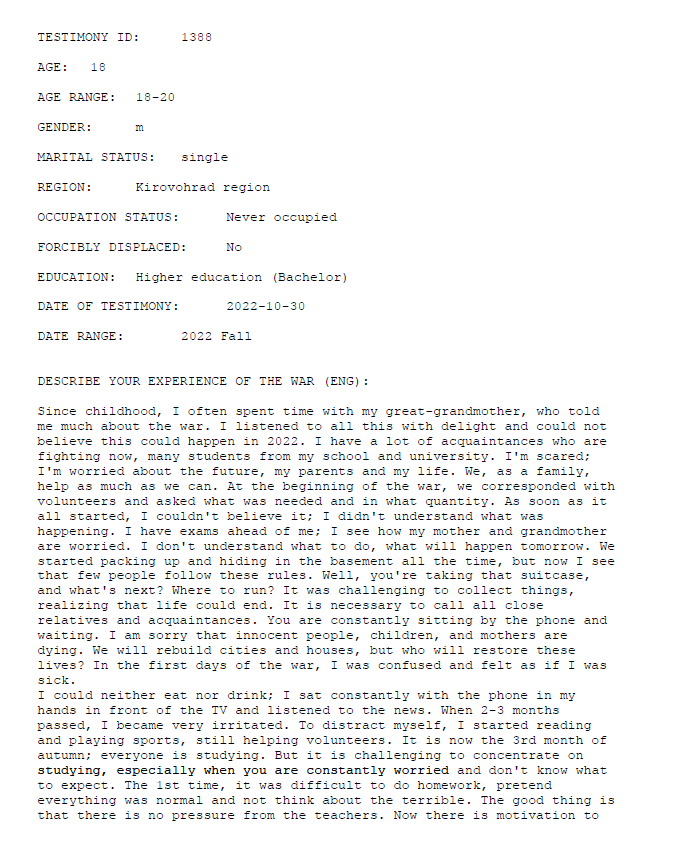 Screenshot of Testimony 1388