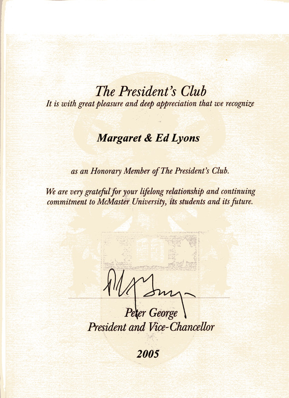 [Letter recognizing the Lyons as honorary members of the President's Club]