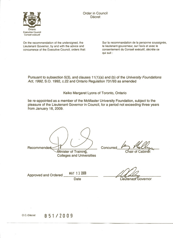 Order in Council for the re-appointment to McMaster University Foundation