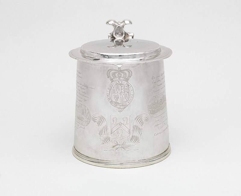 Tankard engraved with scenes depicting the Great Plague, 1675/1676