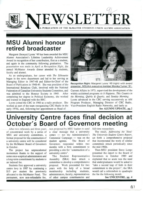 [McMaster Student Union Alumni Association Newsletter featuring Margaret Lyons]