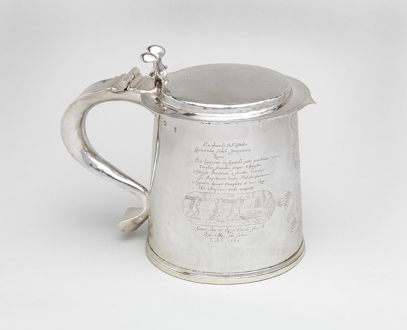 Tankard engraved with scenes depicting the Great Plague, 1675/1676