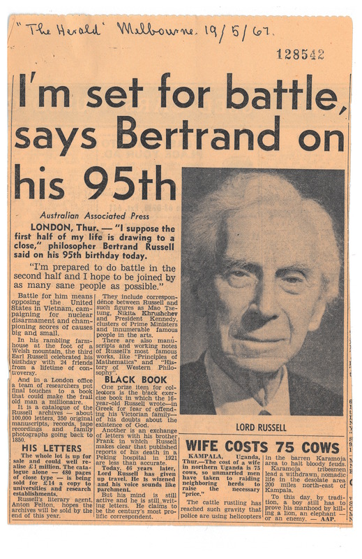 "I'm set for battle" The Herald, Melbourne, Australia, 19 May 1967.