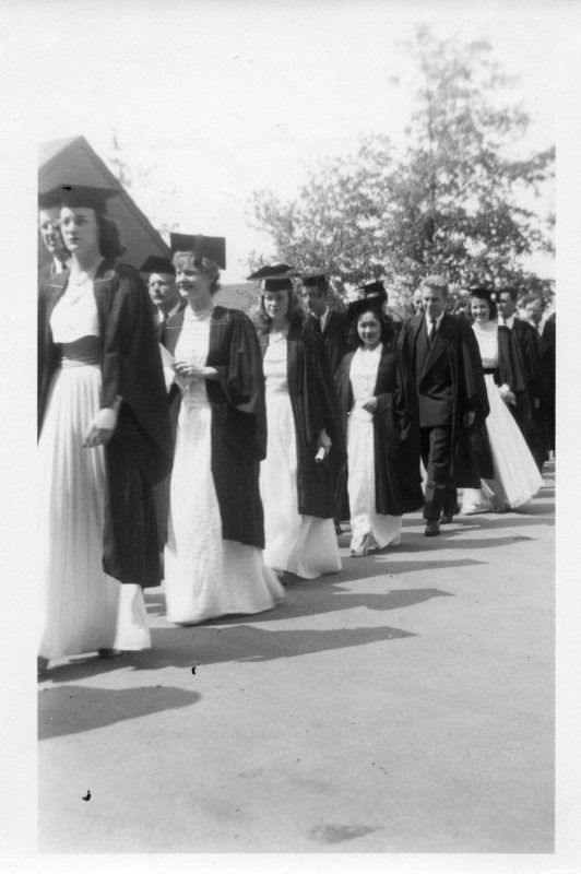 Margaret and classmates waiting to graduate