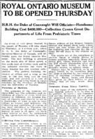 Article on the opening of the Royal Ontario Museum