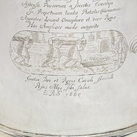 Tankard engraved with scenes depicting the Great Plague, 1675/1676